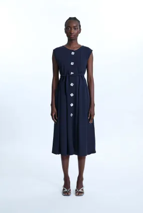 Buttoned Pocket Sleeveless Midi Dress Navy